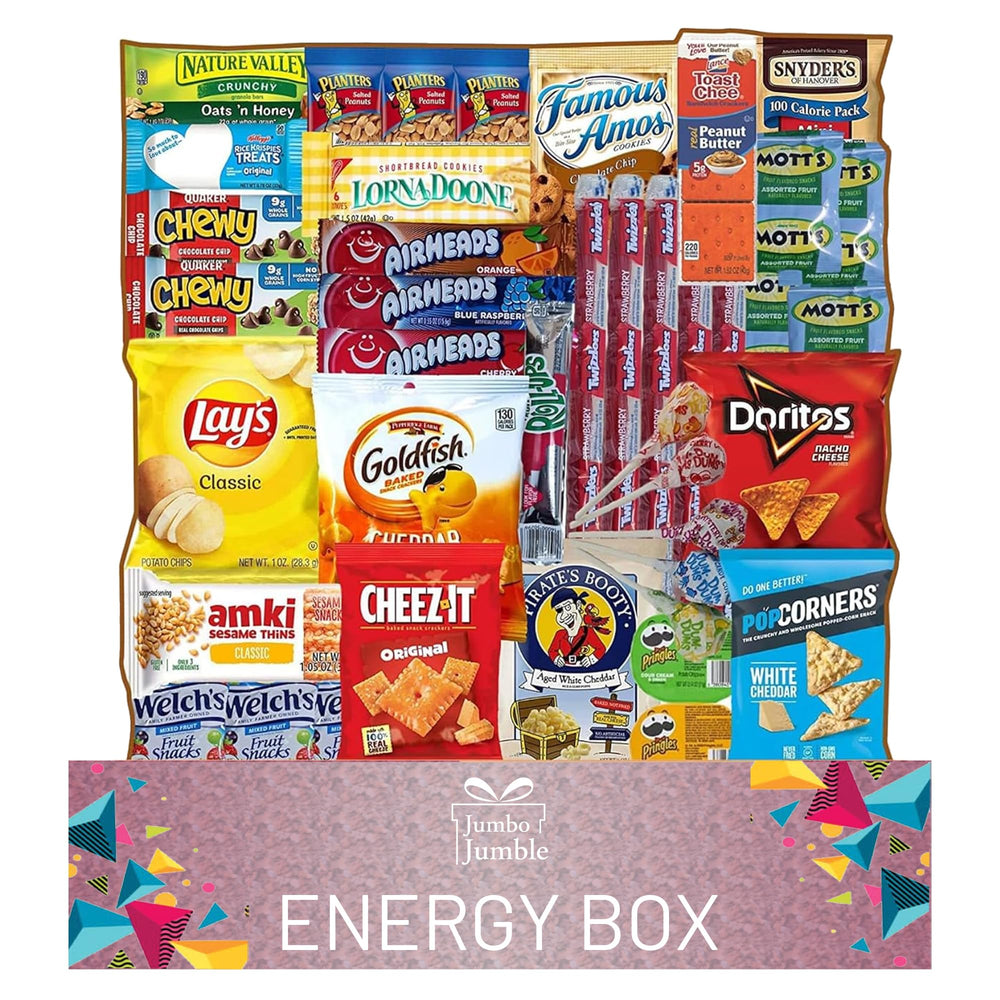 Jumbo Jumble snack box outer packaging highlights giftable variety for any occasion.