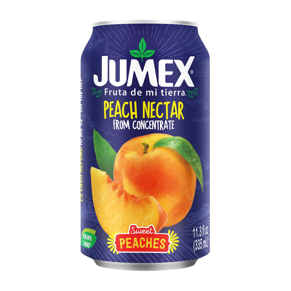 Jumex Peach Nectar can showing bold peach flavor for on-the-go refreshment