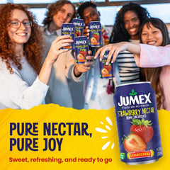 Jumex Strawberry Nectar label on a can highlighting authentic fruit taste