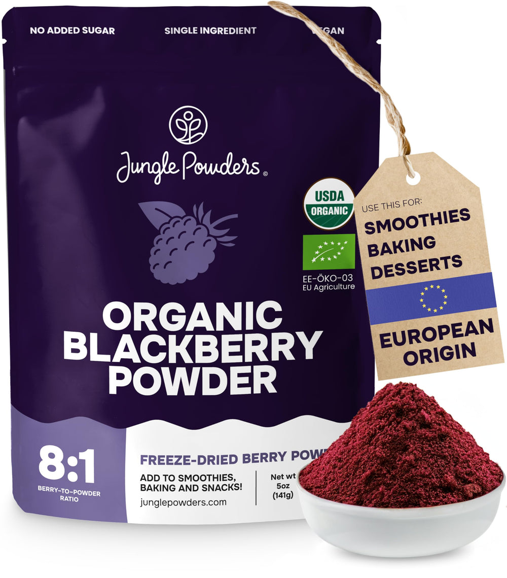 Jungle Powders organic blackberry powder 5 oz bag for baking and flavor enhancement.