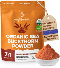 Jungle Powders Sea Buckthorn Powder Bag shows organic freeze-dried berries ideal for smoothies.