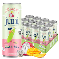 JUNI sparkling adaptogen can front for on-the-go focus.
