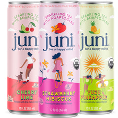 JUNI sparkling adaptogen drink bottle pour with ashwagandha and mushrooms for focus