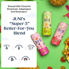 JUNI Strawberry Hibiscus flavor can, vibrant color for a mocktail base