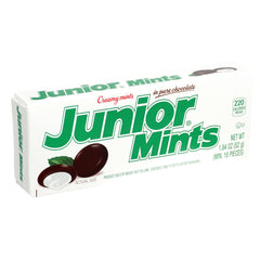 Junior Mints box label close-up, highlighting convenient packaging for quick snacking.
