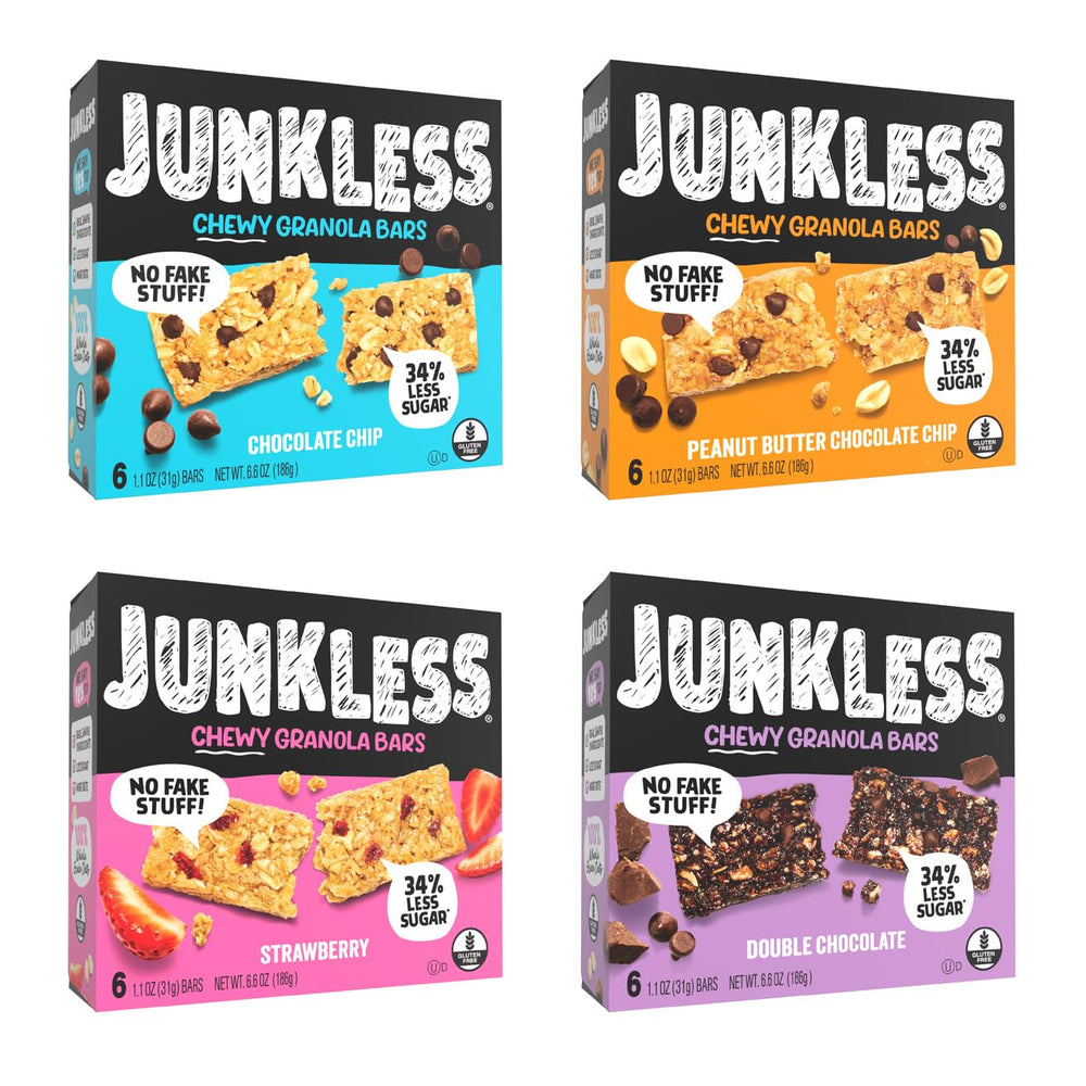 JUNKLESS chewy granola bar chocolate chip pack displayed for grab-and-go snacking