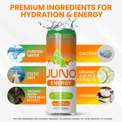 JUNO ENERGY Limeade glass on ice emphasizing hydration and flavor