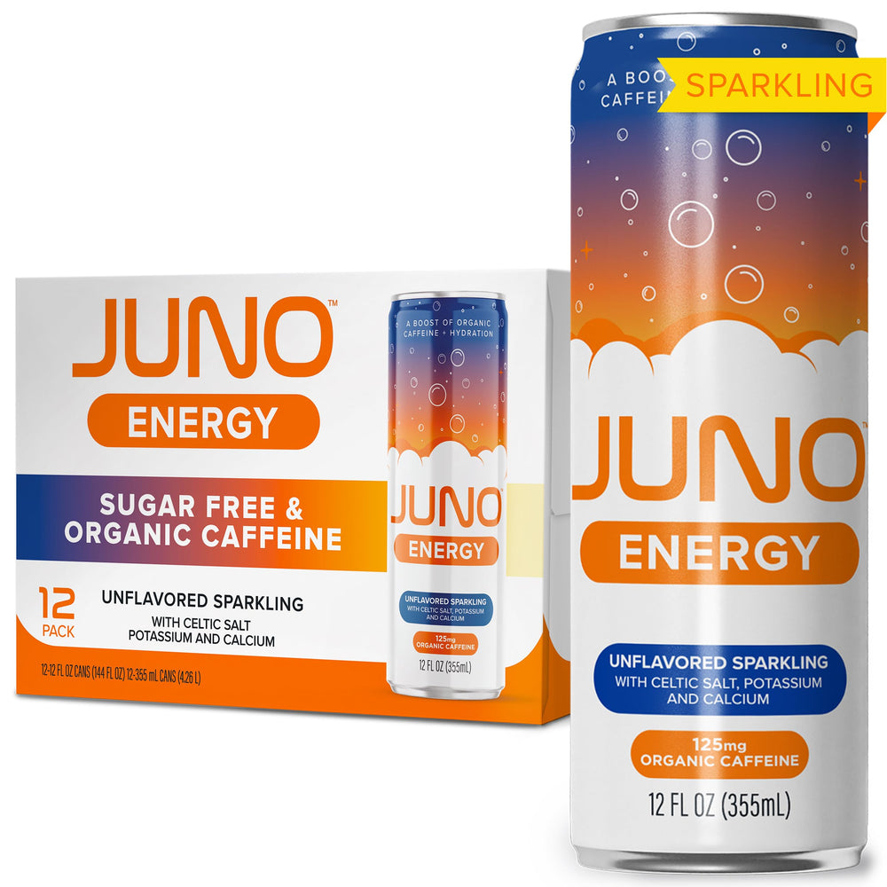 JUNO ENERGY unflavored sparkling water bottle for clean hydration.