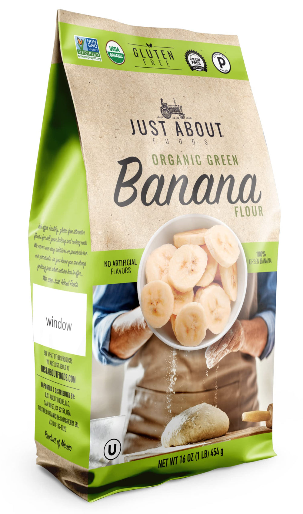 Just About banana flour 1lb packaging — gluten-free baking versatility.