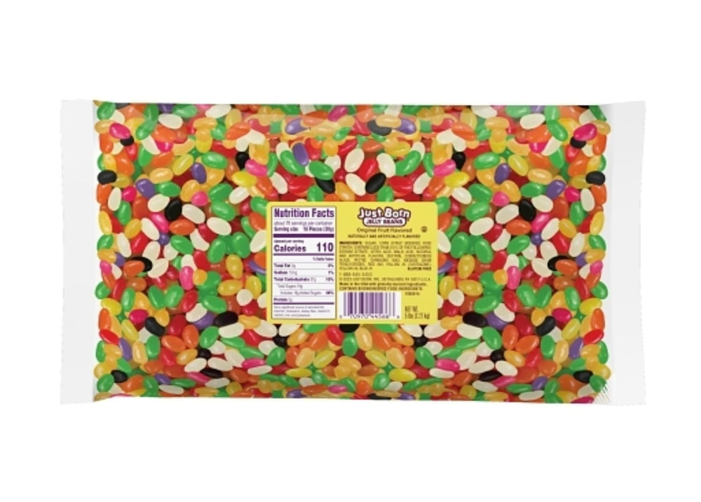 Just Born Jelly Beans in a 5lb bag with assorted colors and flavors.
