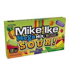 Mike and Ike Mega Mix Sour chewy candies with ten fruit flavors for variety.
