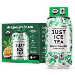 Just Ice Tea Dragon Green Iced Tea 4-pack cans offer a low-calorie refreshment.