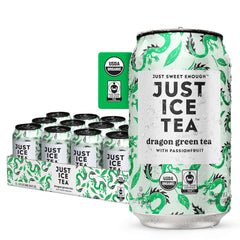 Just Ice Tea Dragon Green Iced Tea can front highlights organic, real brew flavor.
