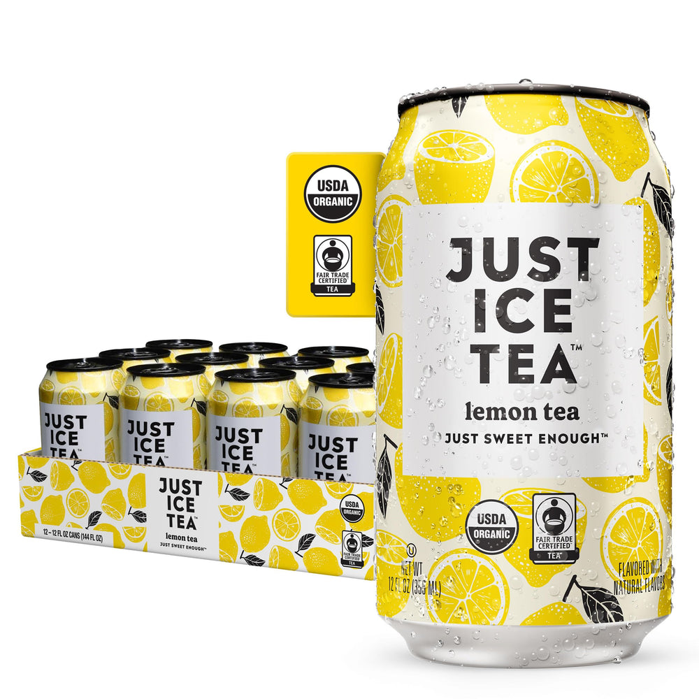 Just Ice Tea Lemon Black Iced Tea can on table, crisp refreshing flavor