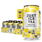 Just Ice Tea Lemon Black Iced Tea can on table, crisp refreshing flavor