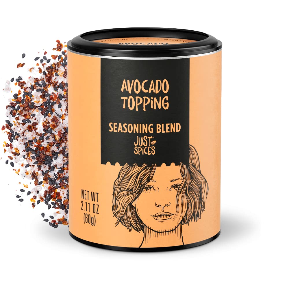 Just Spices Avocado Topping bottle highlighted for bold avocado flavor enhancement.