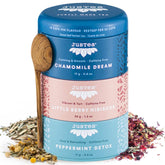 JusTea herbal tea trio stacked tins with a hand-carved spoon