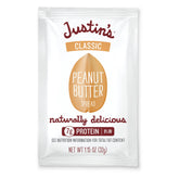 Justin's Classic Peanut Butter Singles packaging shows convenient single-serve packets for on-the-go snacking.