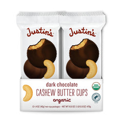 Justin's dark chocolate cashew butter cups 12-pack display with appealing texture for on-the-go snacking.