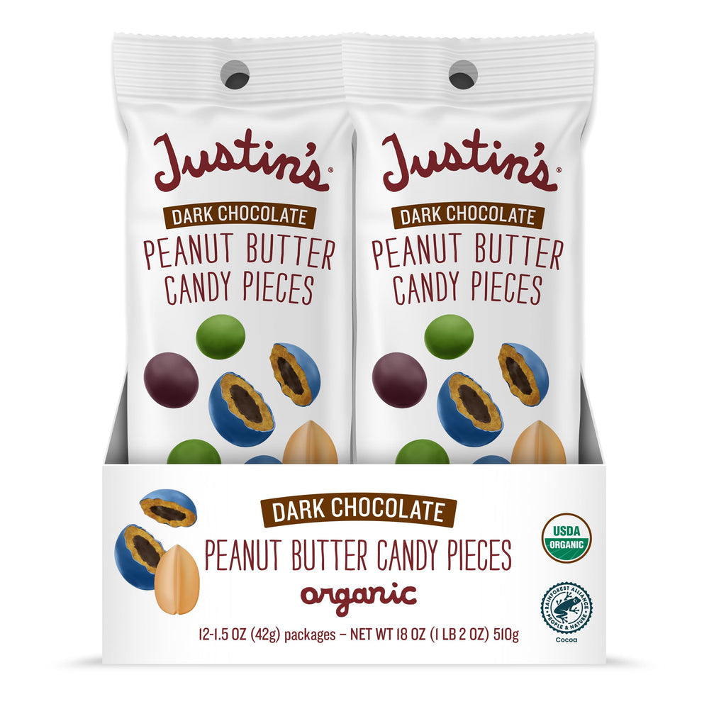 Justin's dark chocolate peanut butter candy pieces 12-pack front view, ideal for on-the-go snacking.