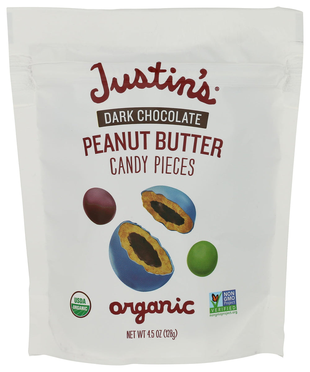 Justin's dark chocolate peanut butter pieces in a jar, a delicious grab-and-go snack.