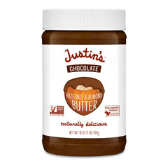 Justin's Hazelnut Almond Butter Chocolate jar showing creamy texture for toast and snacks