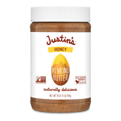 Justin's Honey Almond Butter jar close-up shows creamy texture for a protein-rich snack