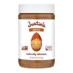 Justin's Maple Almond Butter jar, a protein-rich snack option