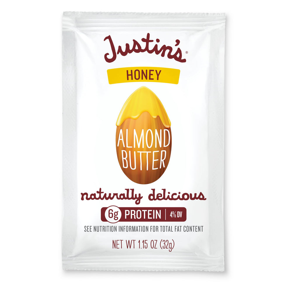 Justin's Natural Honey Almond Butter squeeze pack front view, portable snacking