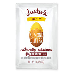 Justin's Natural Honey Almond Butter squeeze pack front view, portable snacking