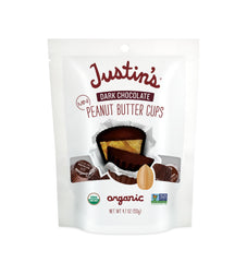 Justin's Organic Mini Peanut Butter Cups dark chocolate front view, ideal on-the-go snack.