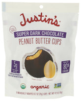 Justins Organic Super Dark Chocolate Peanut Butter Cups packaging close-up highlighting premium ingredients