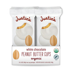 Justin's Organic White Chocolate Peanut Butter Cups pack on counter for convenient snacking