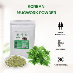 K-Herb mugwort powder close-up showing a fine, blendable texture.