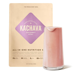 Ka’Chava Coconut Acai bottle pour demonstrates a convenient plant-based meal replacement.