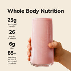 Ka’Chava Coconut Acai shake in a glass shows creamy, dairy-free texture.