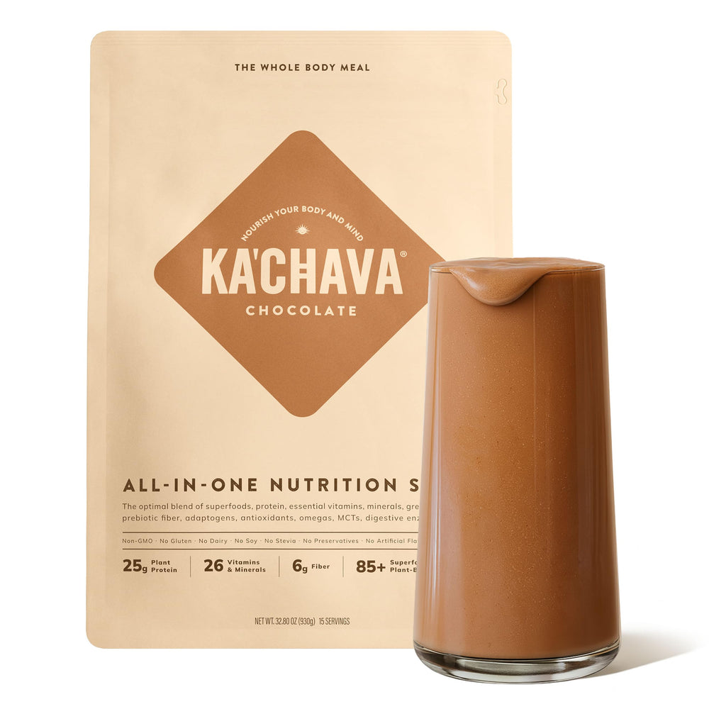 Ka’Chava chocolate shake packaging front highlighting premium nutrition