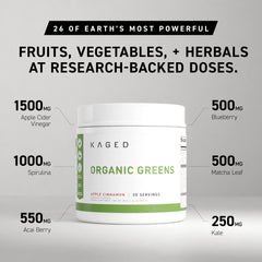 Kaged Organic Greens Apple Cinnamon powder scoop ready to mix for a quick boost.