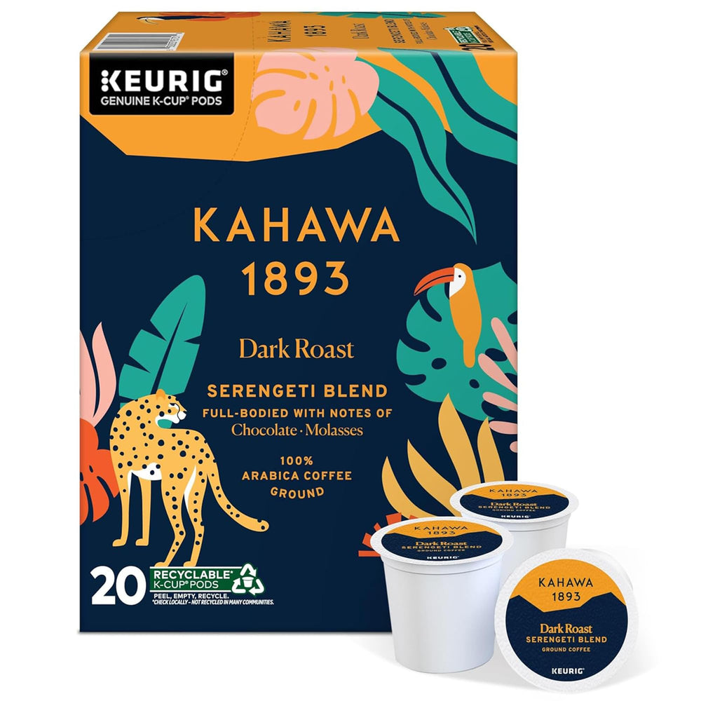 KAHAWA 1893 Serengeti dark roast K-Cup pods ready for morning brew.