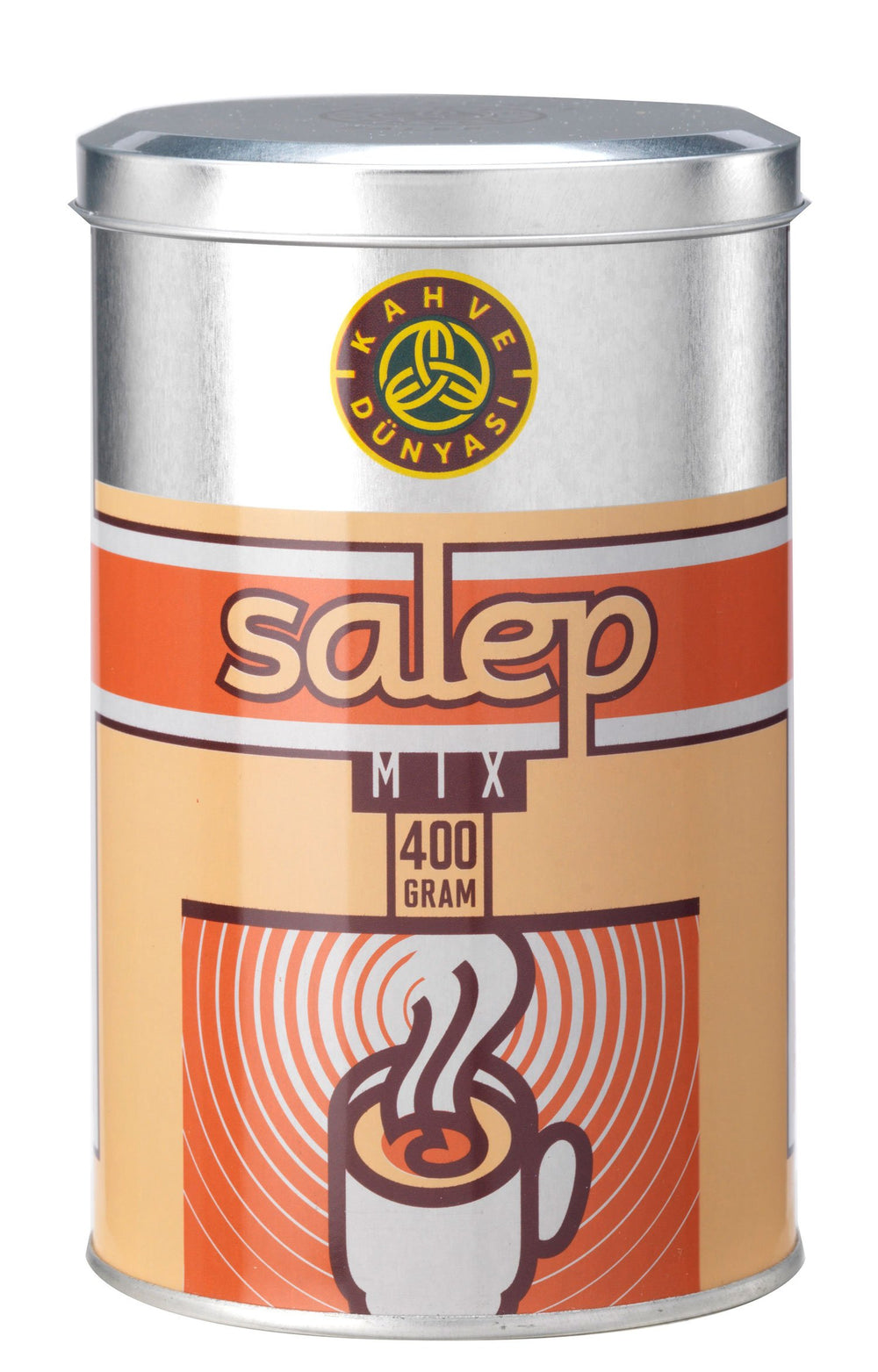 KAHVE DUNYASI salep powder in 400g tin packaging for warm beverages.
