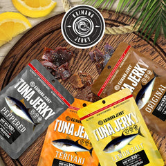 Kaimana Ahi Tuna Jerky Teriyaki flavor in a resealable bag for a satisfying snack