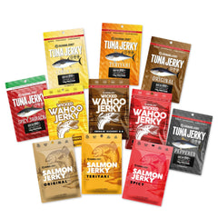 Kaimana Jerky Variety Pack with Ahi Tuna, Salmon, and Wahoo Ono for high-protein, omega-3 rich snacking