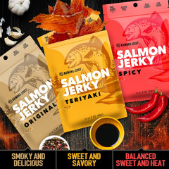 Kaimana Jerky Teriyaki Salmon Jerky pack, savory glaze with minerals.