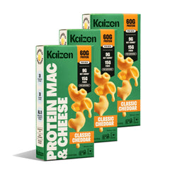Kaizen High Protein Cheddar Mac & Cheese pack with three servings for easy weeknight meals
