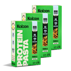 Kaizen Low Carb Keto Pasta Fusilli pack of three, gluten-free and high-protein convenience.