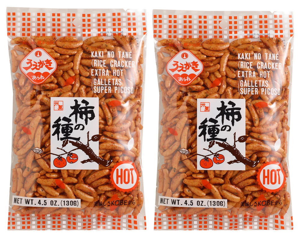Kaki No Tane Uegaki Beika Extra Hot rice crackers pack 2, bold heat snack option.