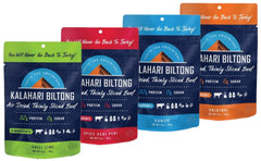 Kalahari Biltong variety pack bags ready for on-the-go snacking, keto-friendly and protein-rich.