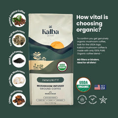 Kalba organic mushroom coffee grounds steaming mug with rich aroma and depth
