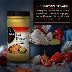 KA-ME Ka'me Hot Peppered Mustard being poured as a zesty sauce