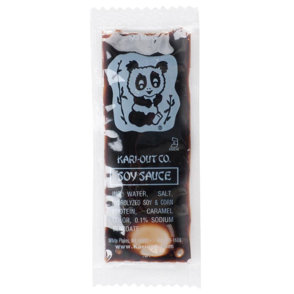 Kari-Out Co soy sauce packets for easy, mess-free dipping and flavor on the go.